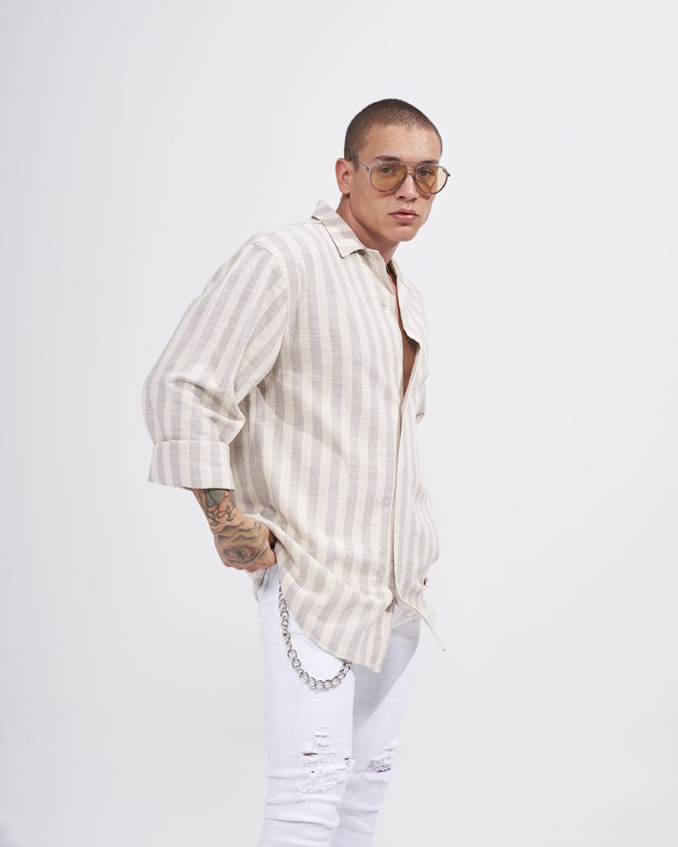 Camisa para Hombre de Lino a Rayas Verticales Oversized en Crema | Martin Valen