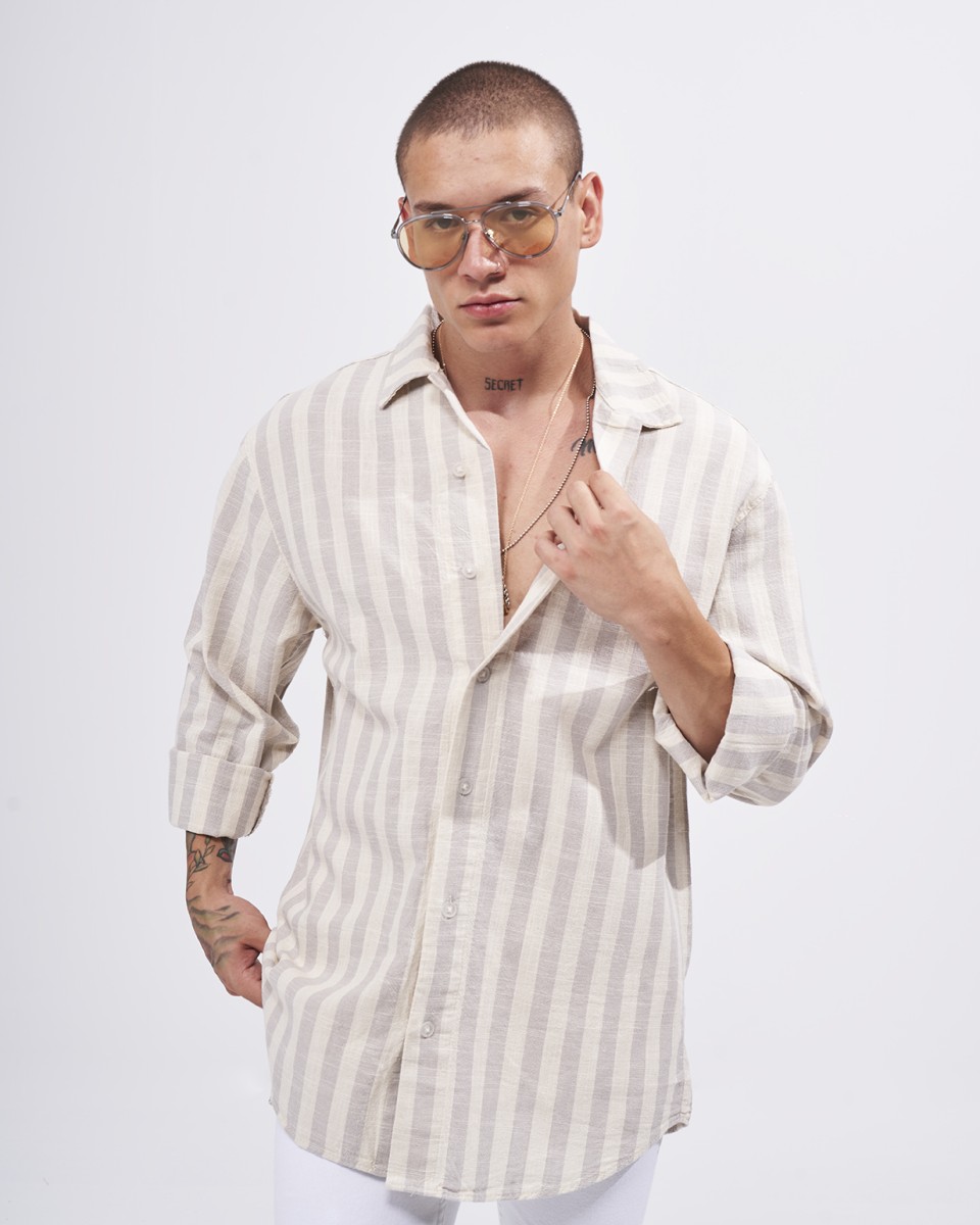 Camisa para Hombre de Lino a Rayas Verticales Oversized en Crema | Martin Valen