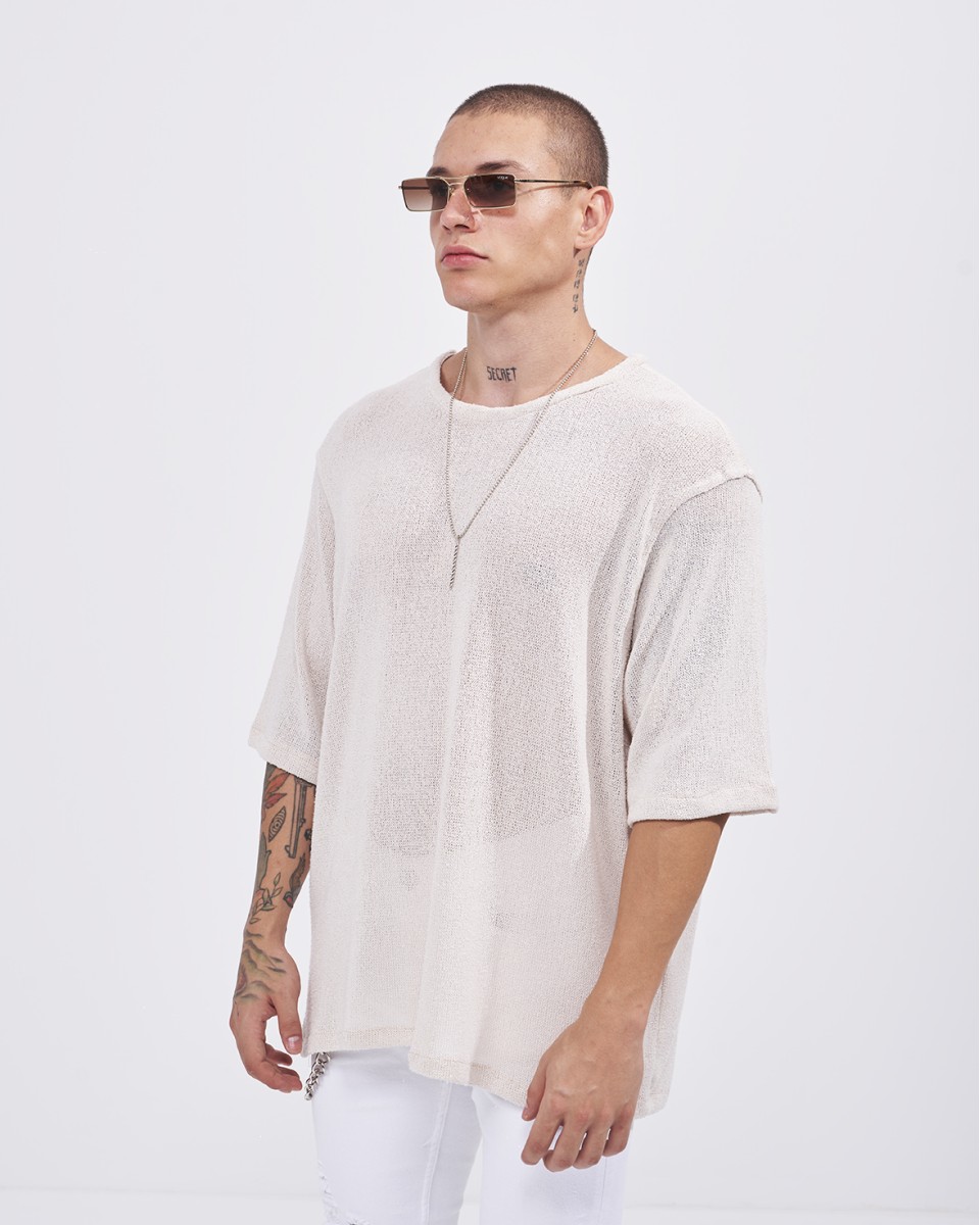 Men's Loose Linen Mesh Half Sleeve T-shirt in Beige | Martin Valen