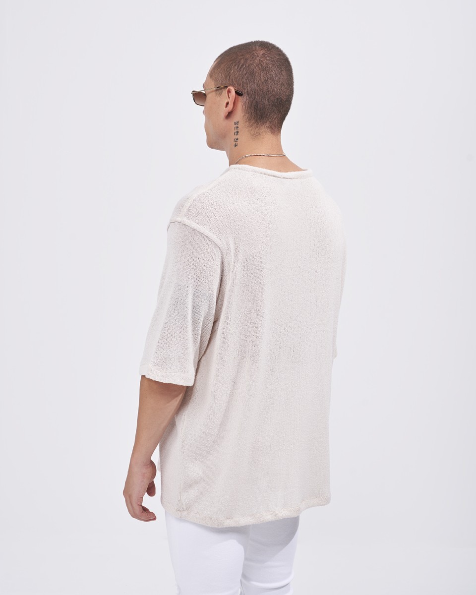 T-Shirt Ampio in Lino a Rete con Mezza Manica da Uomo in Beige | Martin Valen