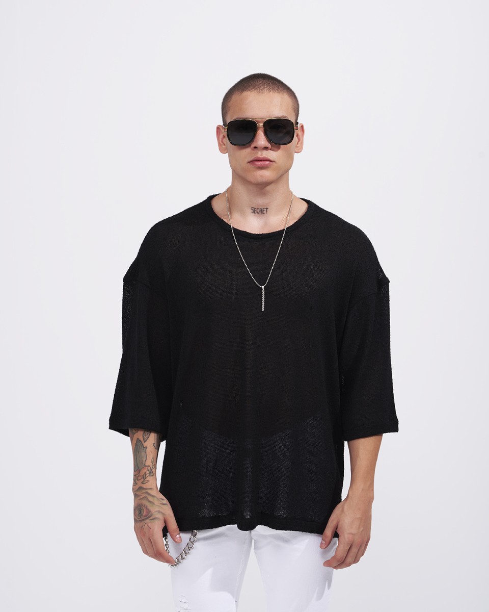 Men's Loose Linen Mesh Half Sleeve T-shirt in Black