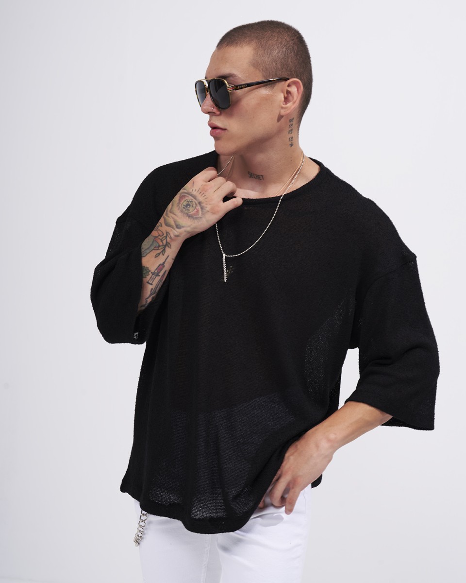 Men's Loose Linen Mesh Half Sleeve T-shirt in Black | Martin Valen
