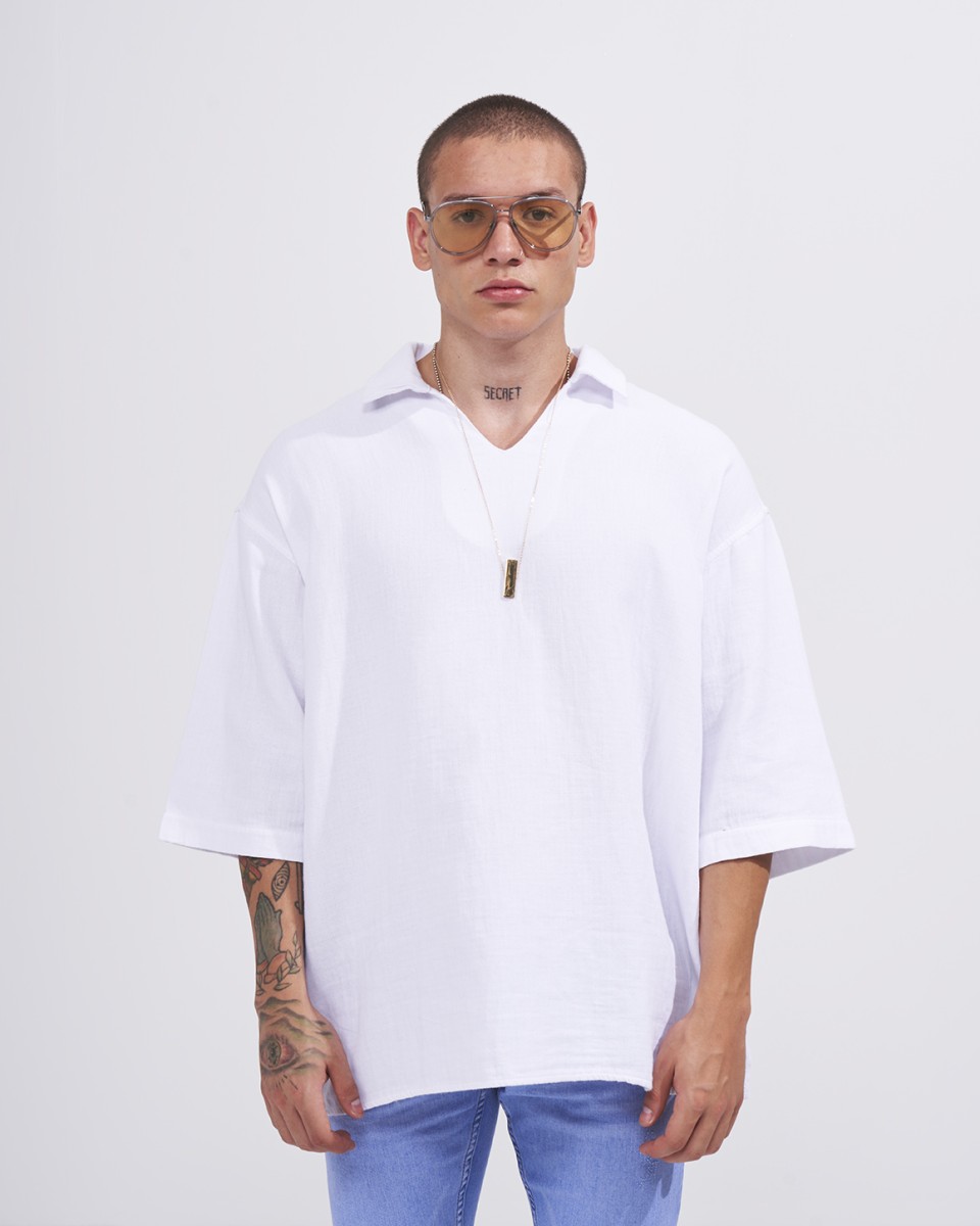 Men’s Oversized Linen Fabric Shirt with V-Neck in White