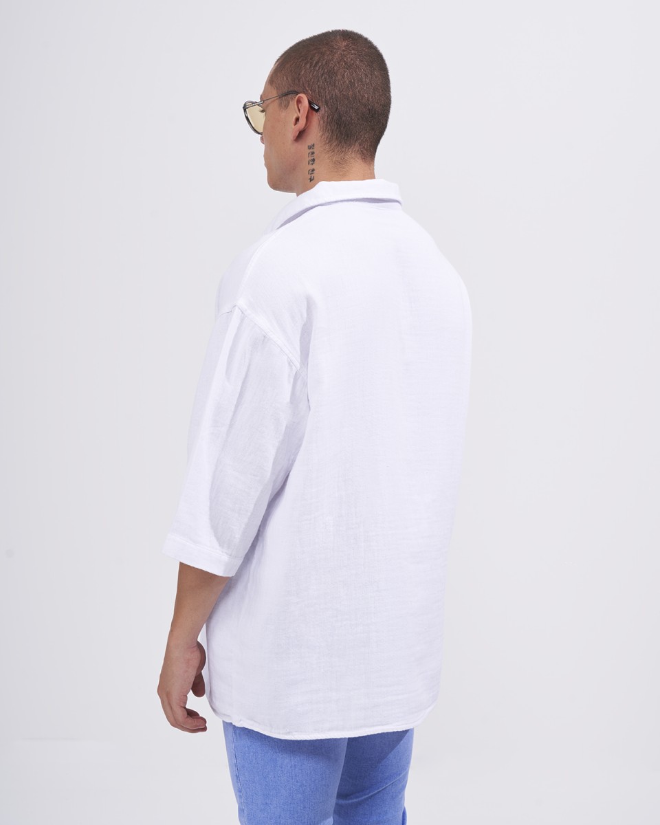Men’s Oversized Linen Fabric Shirt with V-Neck in White | Martin Valen