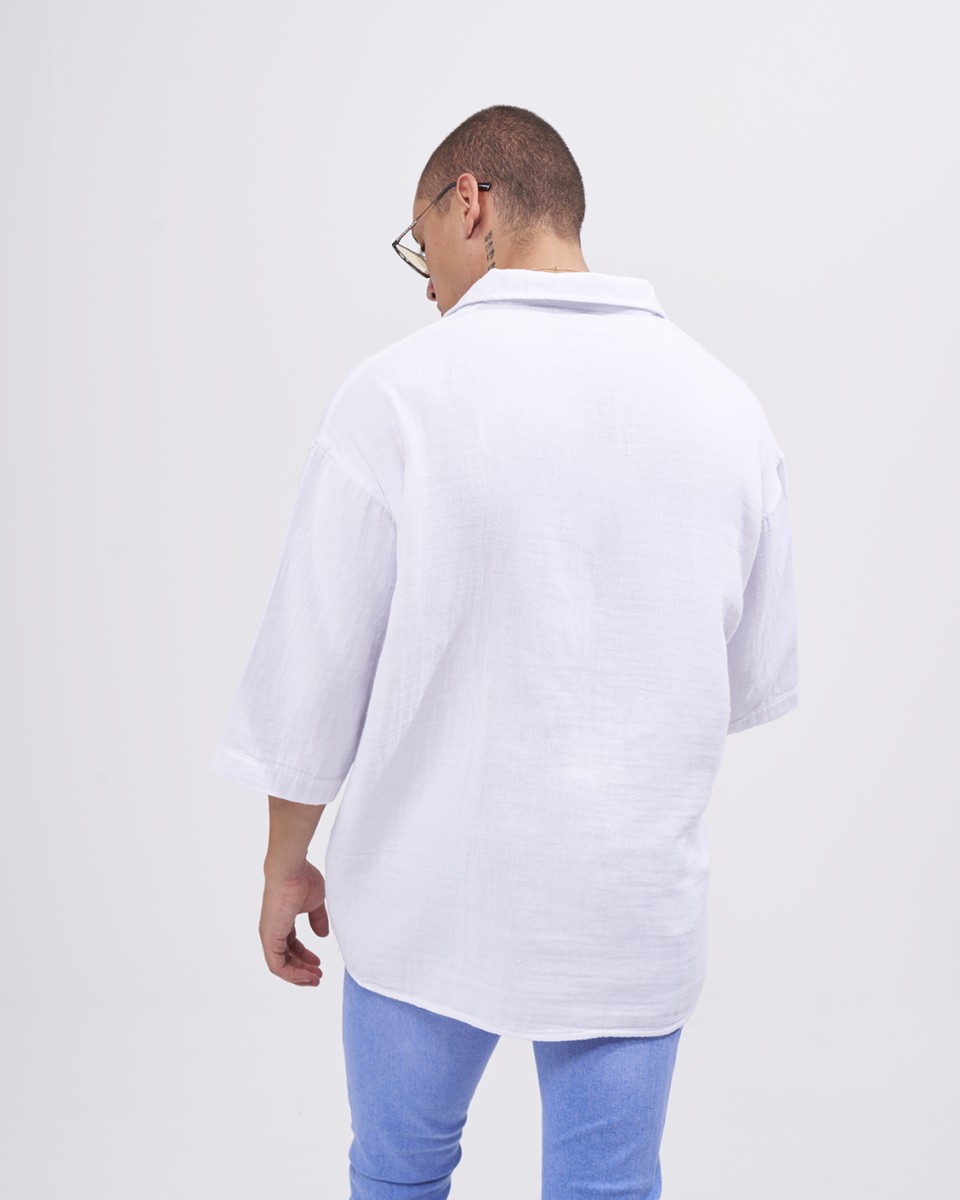 Мужская широкая льняная рубашка с V-образным вырезом в Белом | Martin Valen