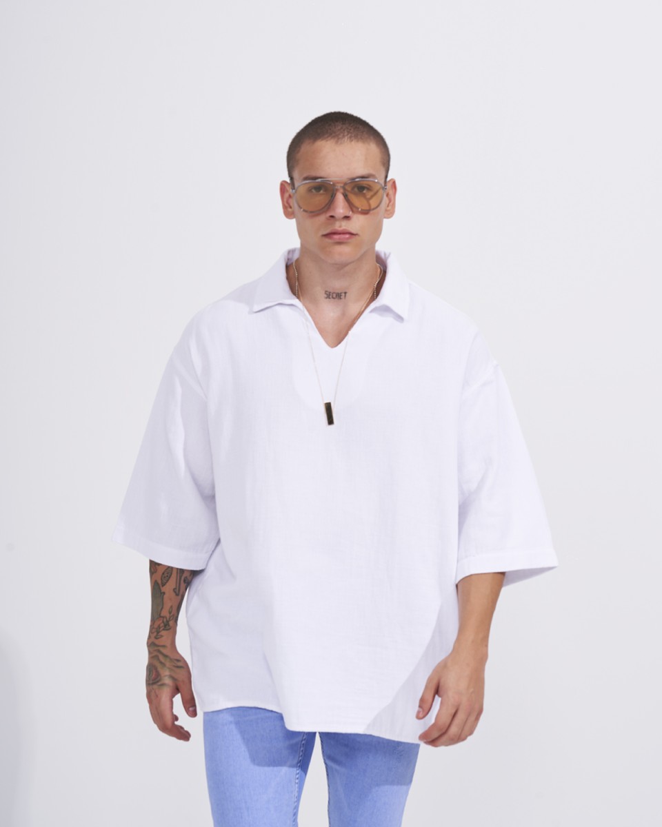 Men’s Oversized Linen Fabric Shirt with V-neck in White