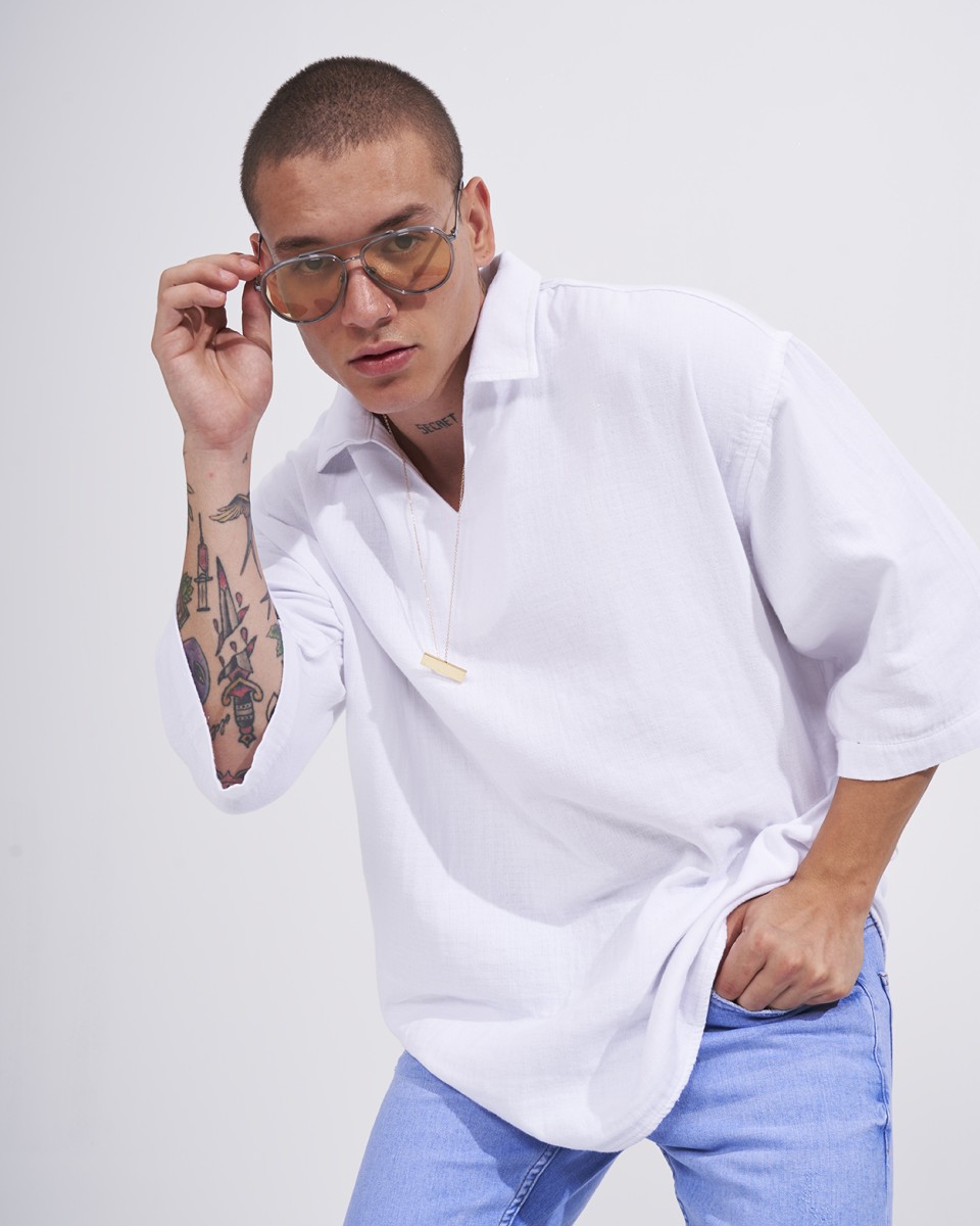 Men’s Oversized Linen Fabric Shirt with V-Neck in White | Martin Valen