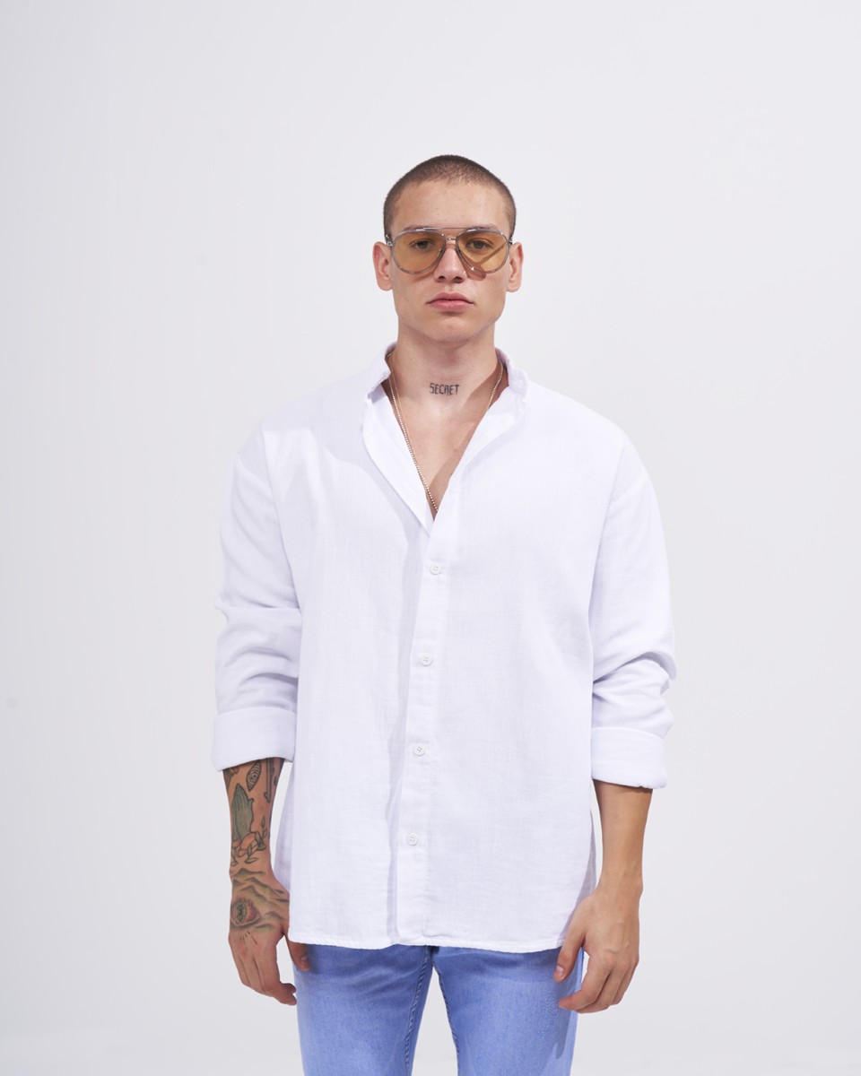 Camisa de Lino para Hombre con Corte Oversize y Cuello Mandarín en Blanco