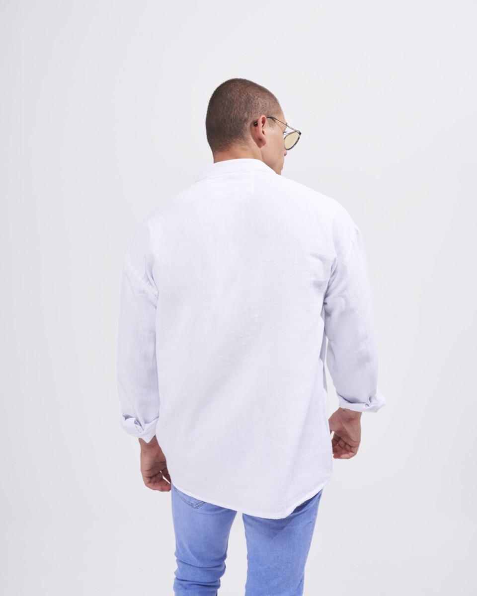 Camicia in Lino da Uomo Oversize con Collo Coreana in Bianco | Martin Valen