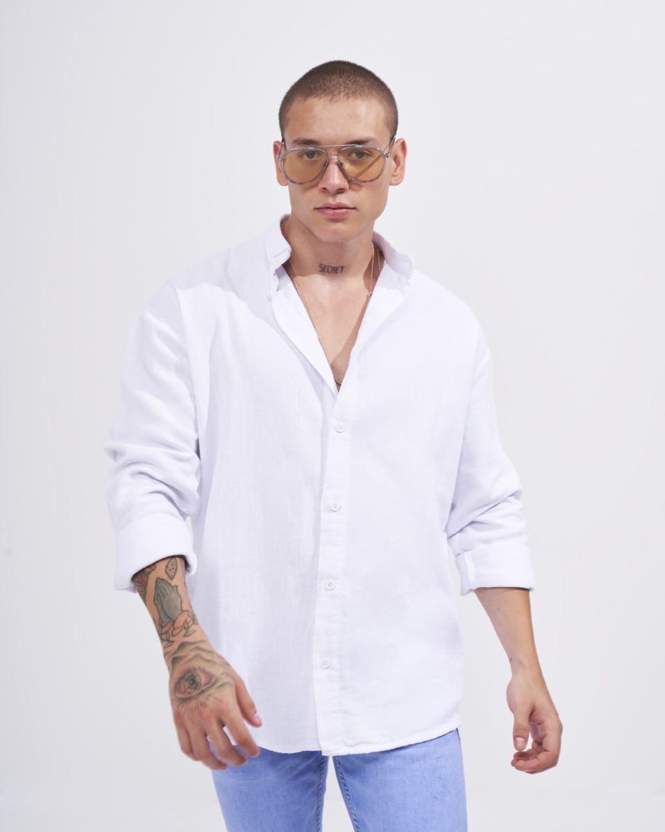 Camicia in Lino da Uomo Oversize con Collo Coreana in Bianco | Martin Valen