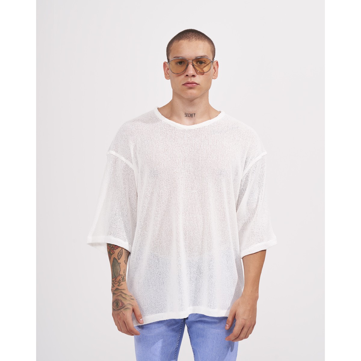 Herren Lockeres Leinen Mesh Halbarm T-Shirt in Weiß | Martin Valen