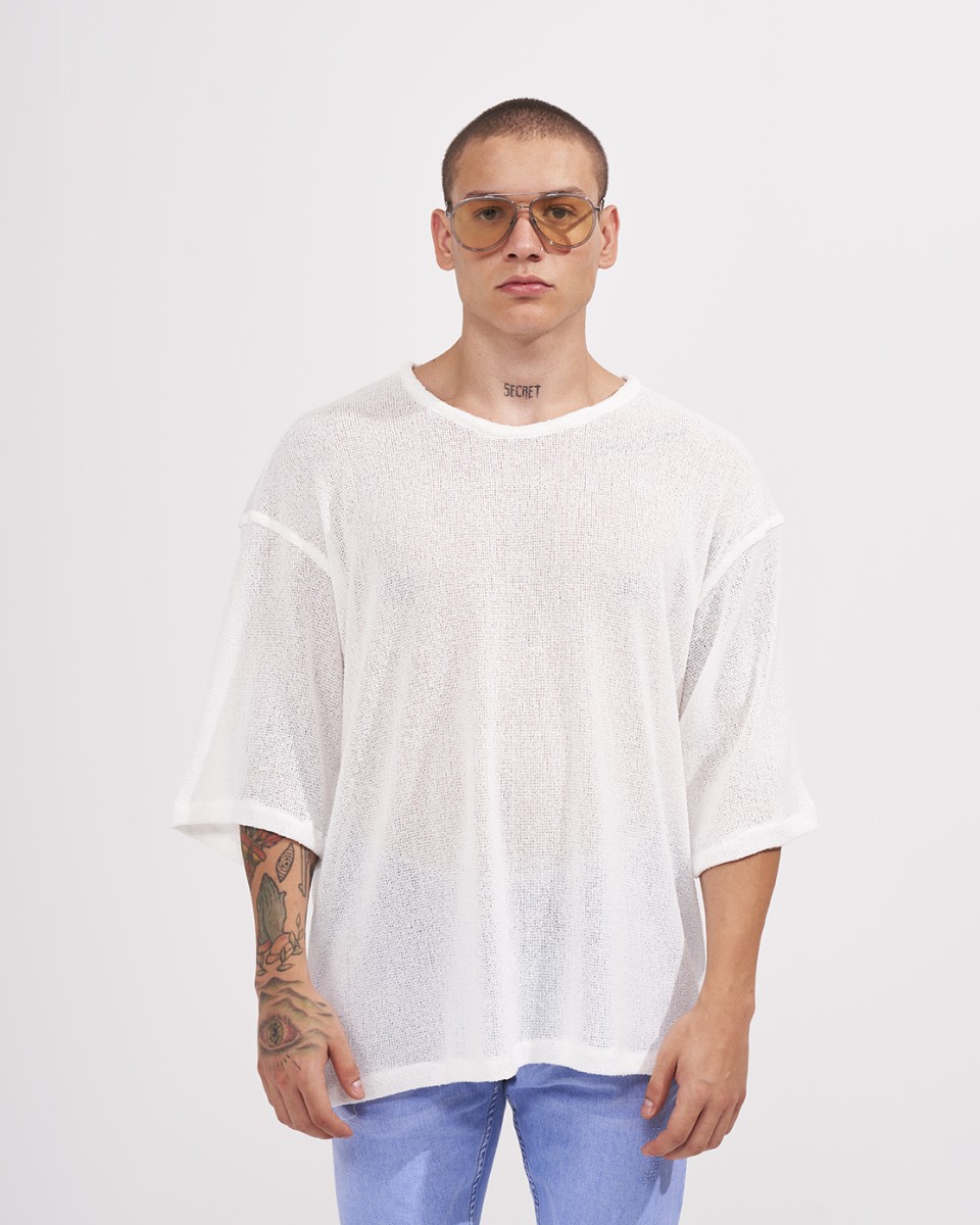 T-Shirt Suelta de Malla de Lino con Manga Corta para Hombres en Blanco