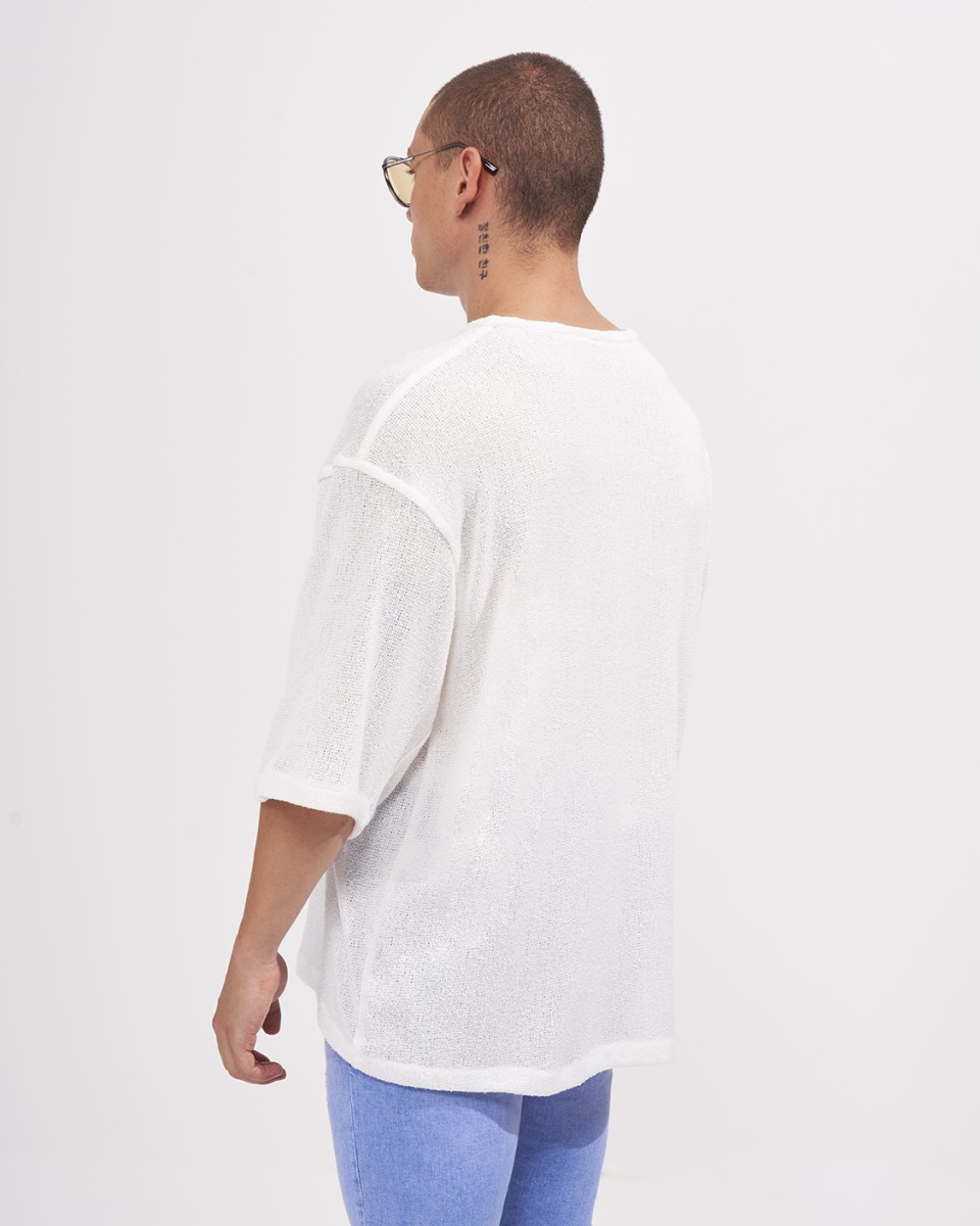 T-Shirt Ampio in Lino a Rete con Mezza Manica da Uomo in Bianco | Martin Valen