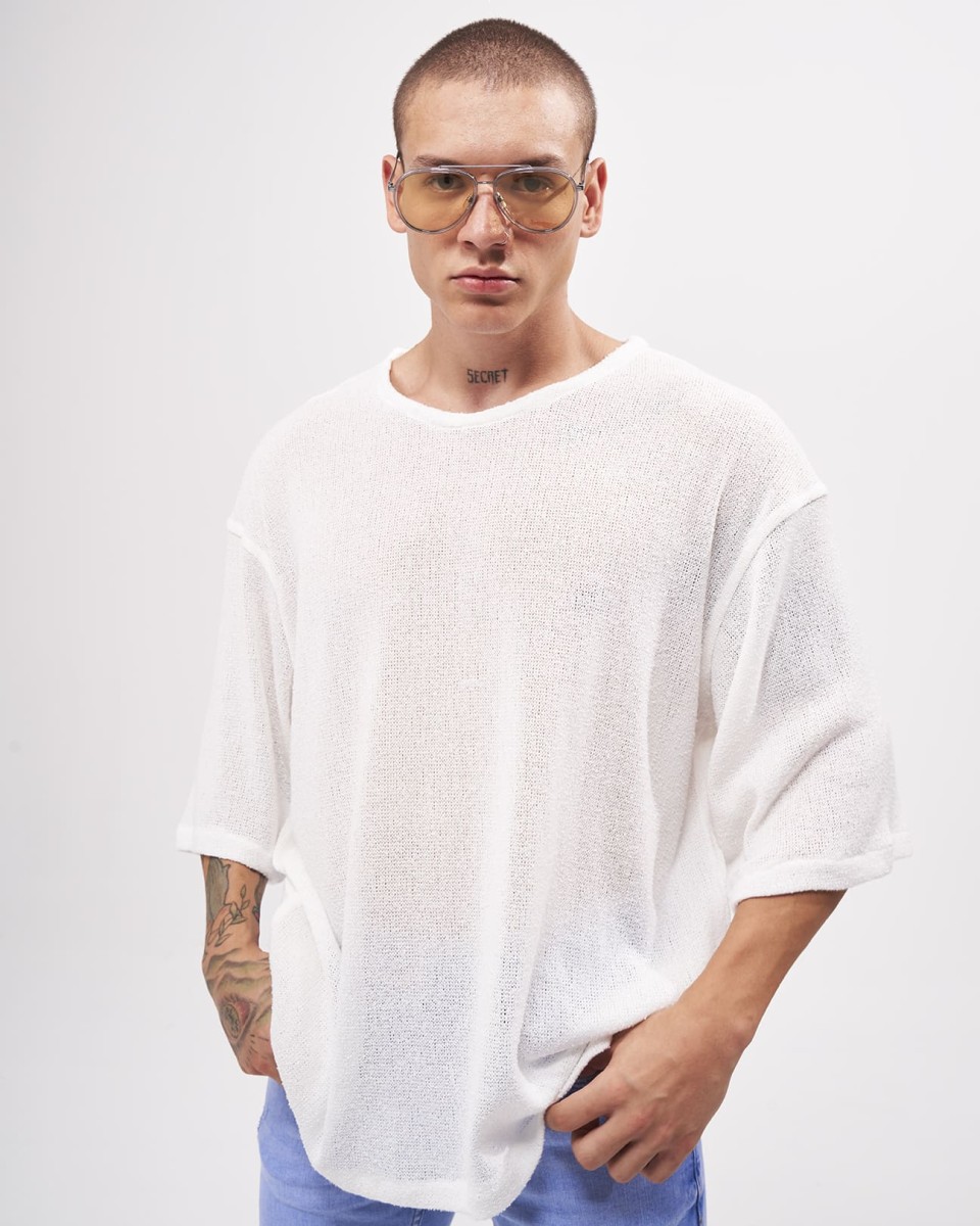 Men's Loose Linen Mesh Half Sleeve T-shirt in White | Martin Valen