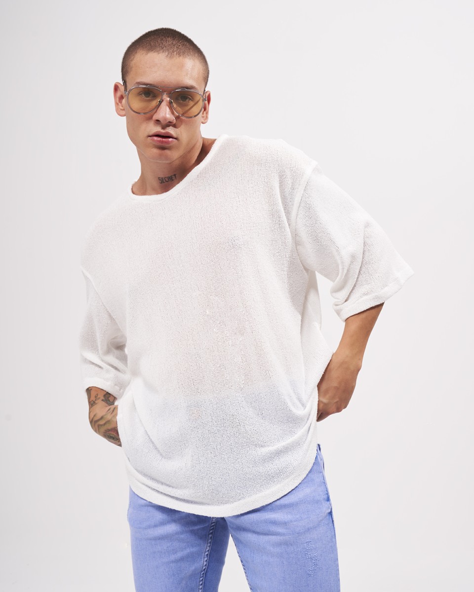 T-Shirt Suelta de Malla de Lino con Manga Corta para Hombres en Blanco | Martin Valen