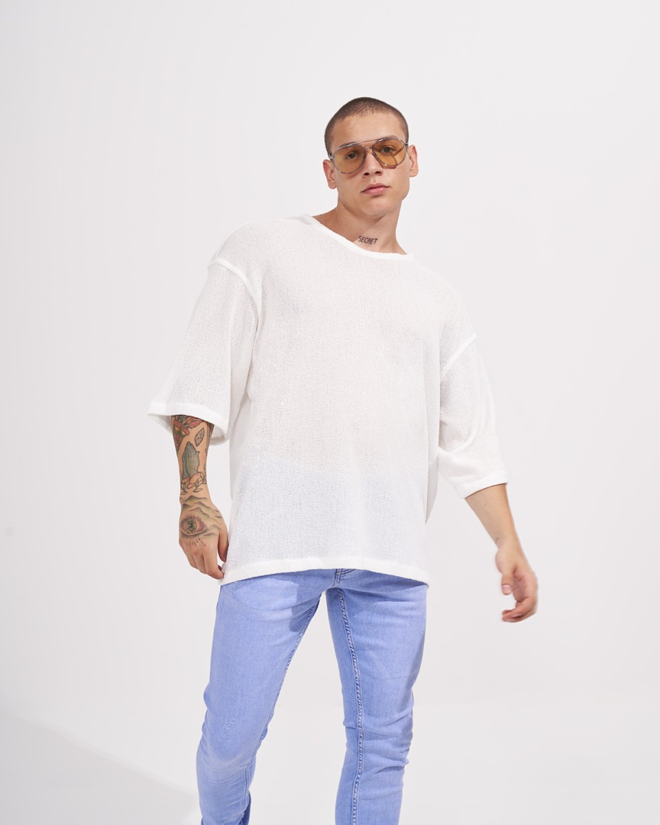 T-Shirt Ampio in Lino a Rete con Mezza Manica da Uomo in Bianco | Martin Valen