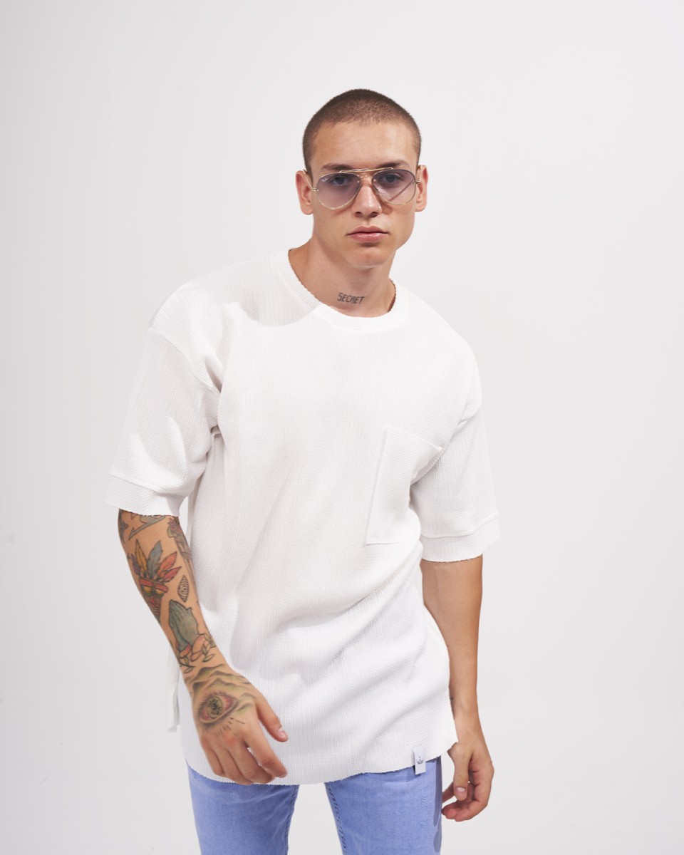T-shirt Oversize para Hombre de Textura Gofre con Detalle de Bolsillo en Blanco | Martin Valen