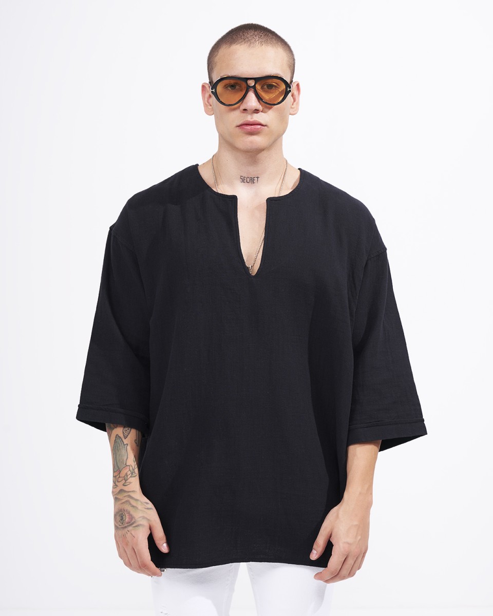 T-Shirt Oversize en Tissu de Lin Noir pour Hommes