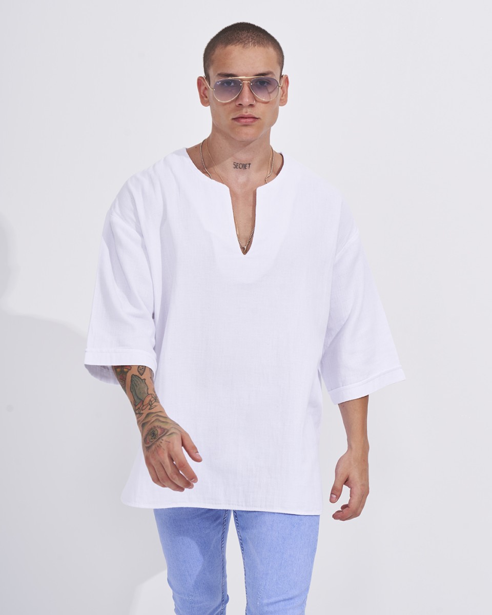 Men's Oversized Martin Valen Sleeve and Chest 3D Printed White Heavy  T-Shirt