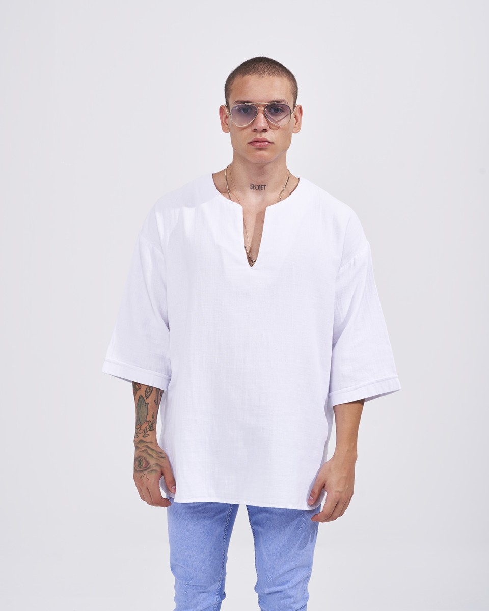 T-Shirt Oversize en Tissu de Lin Blanc pour Hommes