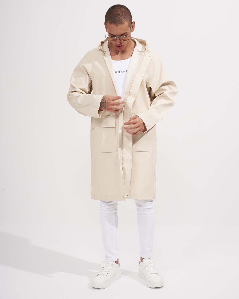 Men's Oversized Hooded Ecru Leather Raincoat | Martin Valen
