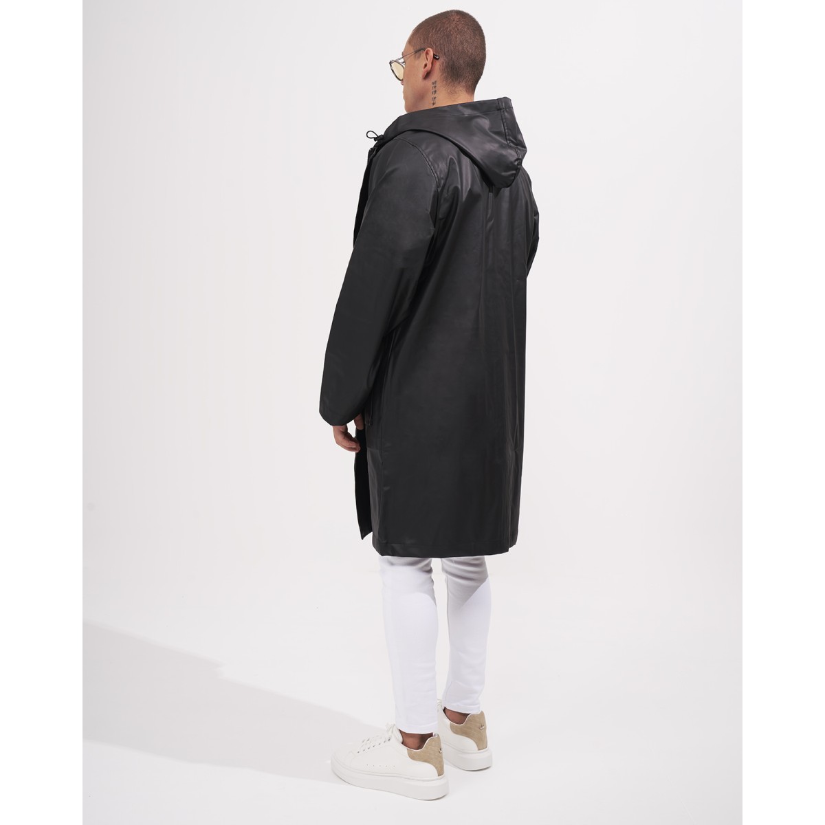 Men's Oversized Hooded Black Leather Raincoat | Martin Valen