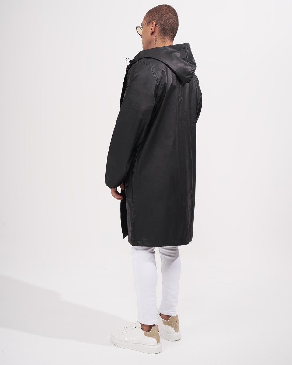 Impermeable Oversize de Cuero Negro con Capucha para Hombres | Martin Valen