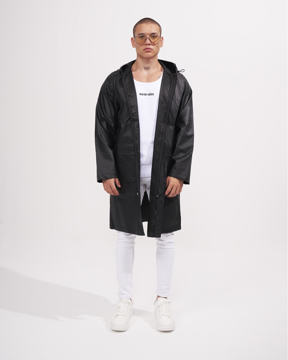 Men's Oversized Hooded Black Leather Raincoat