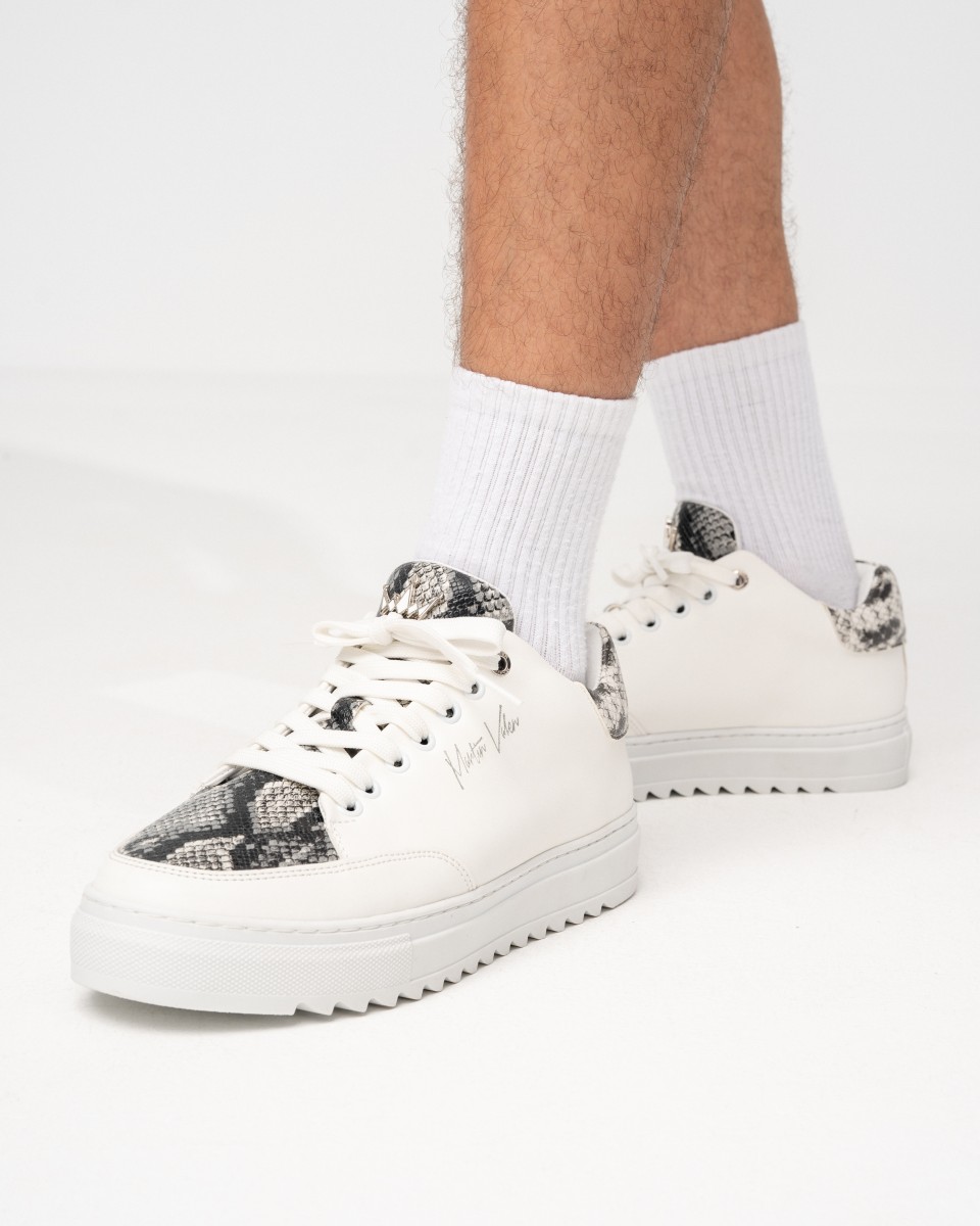 Hombre Bajo-Top Diseñador Coronado Sneakers con Patrón de Serpiente Blanco | Martin Valen