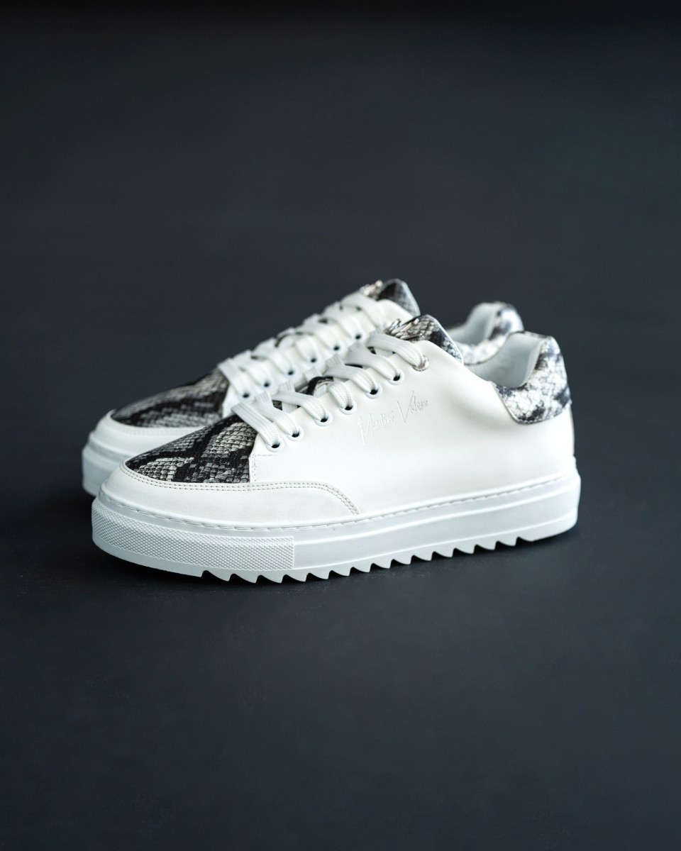Hombre Bajo-Top Diseñador Coronado Sneakers con Patrón de Serpiente Blanco | Martin Valen