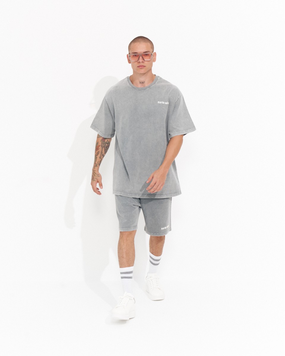 Herren Oversize Vintage 3D-Druck Detail Trainingsanzug Set mit Shorts - Grau