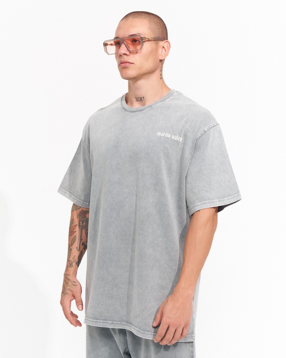 Camiseta Vintage Oversize Para Hombres Con Lavado al Ácido Y Estampado 3D - Gray