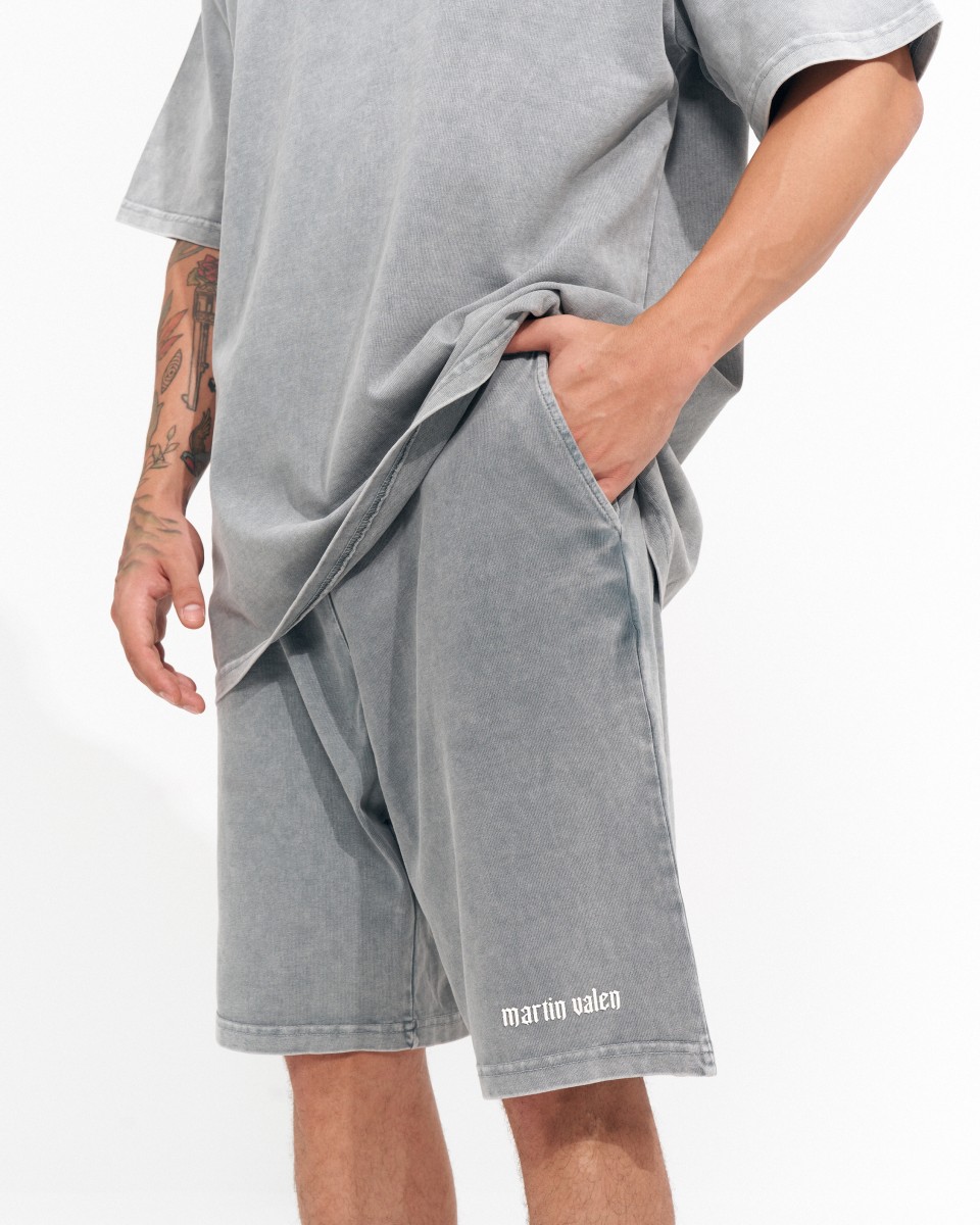 Men's Oversized Vintage Washed 3D Print Detail Shorts - Gray