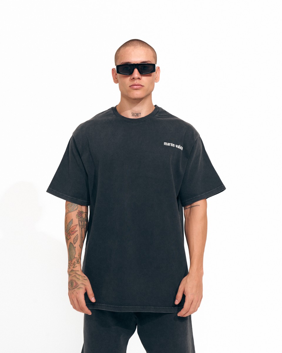 Camiseta Vintage Oversize Para Hombres Con Lavado al Ácido Y Estampado 3D - Negro