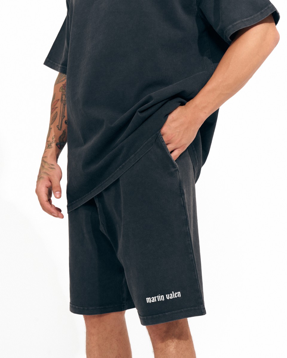 Men's Oversized Vintage Washed 3D Print Detail Shorts - Black