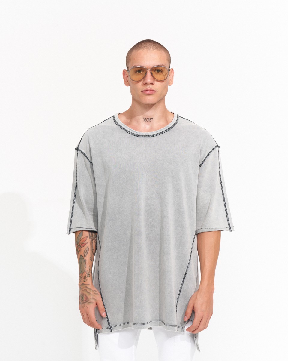 Camiseta de Hombre con Hombro Caído y Costura Vintage en Gris - Gray