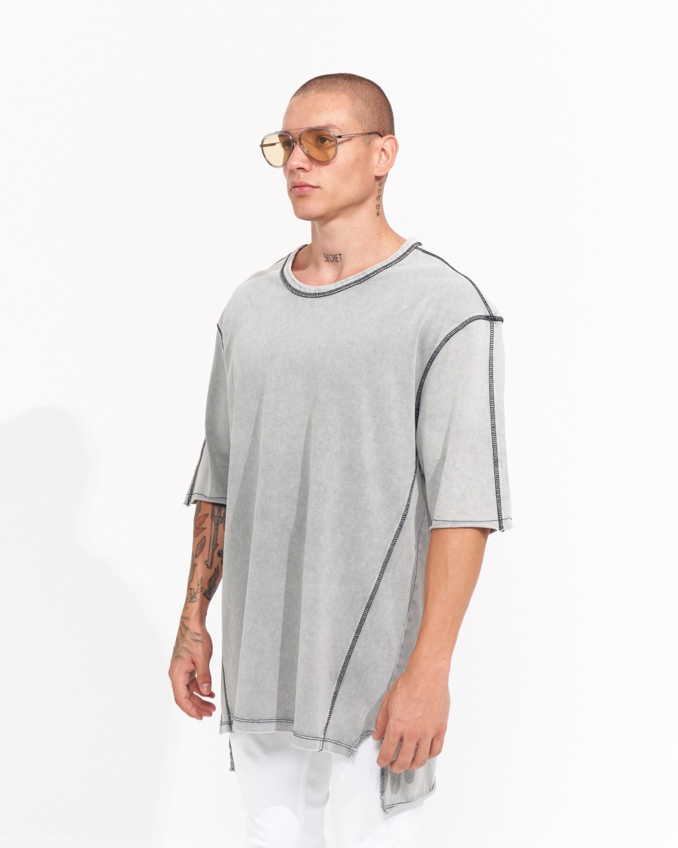 T-shirt Homme à Épaules Tombantes avec Couture Vintage en Gris