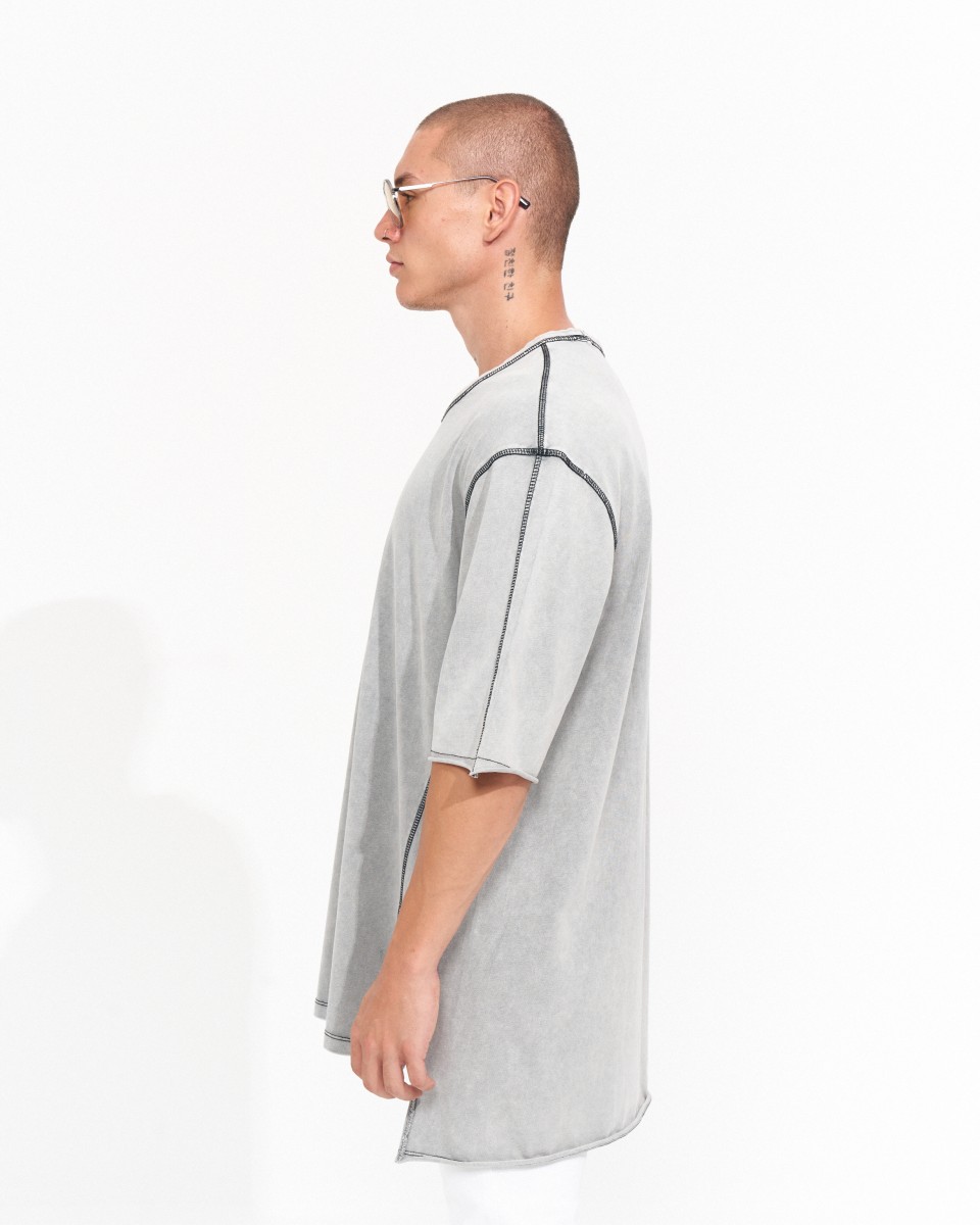 Camiseta Masculina com Ombro Caído e Costura Vintage em Cinzento | Martin Valen