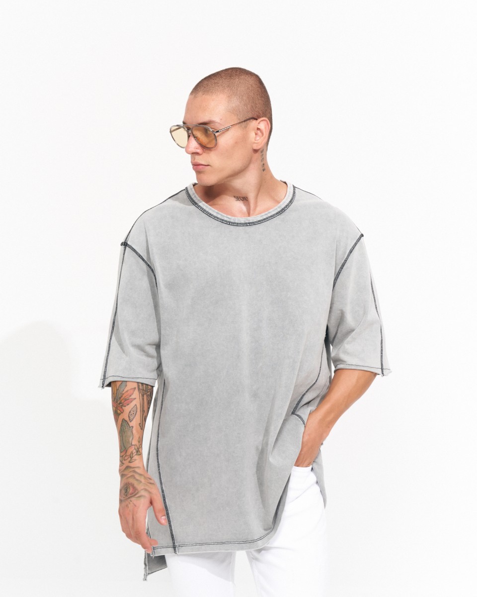 Camiseta Masculina com Ombro Caído e Costura Vintage em Cinzento | Martin Valen