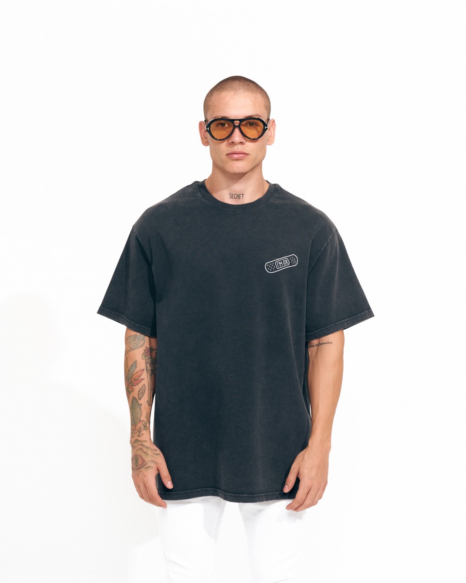 ‘’OK’’ T-shirt Vintage Ricamata Oversize da Uomo in Nero