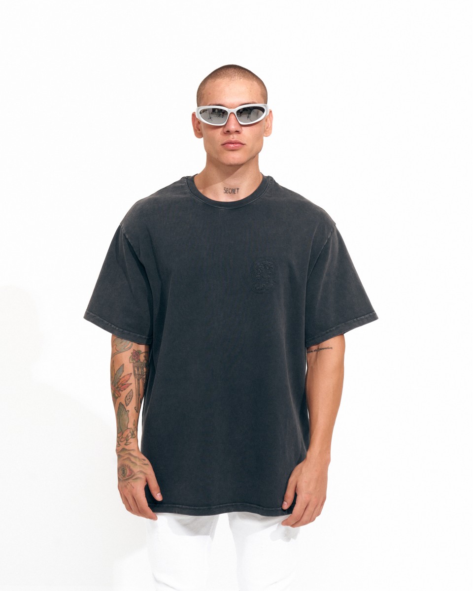 Черная винтажная мужская футболка ‘’Микеланджело’’ с вышивкой в оверсайз стиле