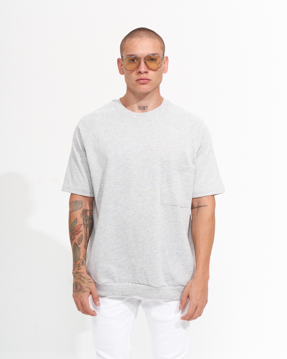 Camiseta Mélange de Cuello Redondo y Corte Regular para Hombres con Bolsillo - Gray