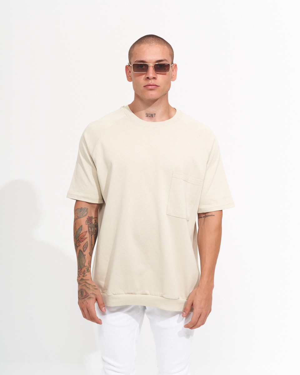 T-shirt Mélange da Uomo con Scollo a Crew e Vestibilità Regolare con Tasca - Cream