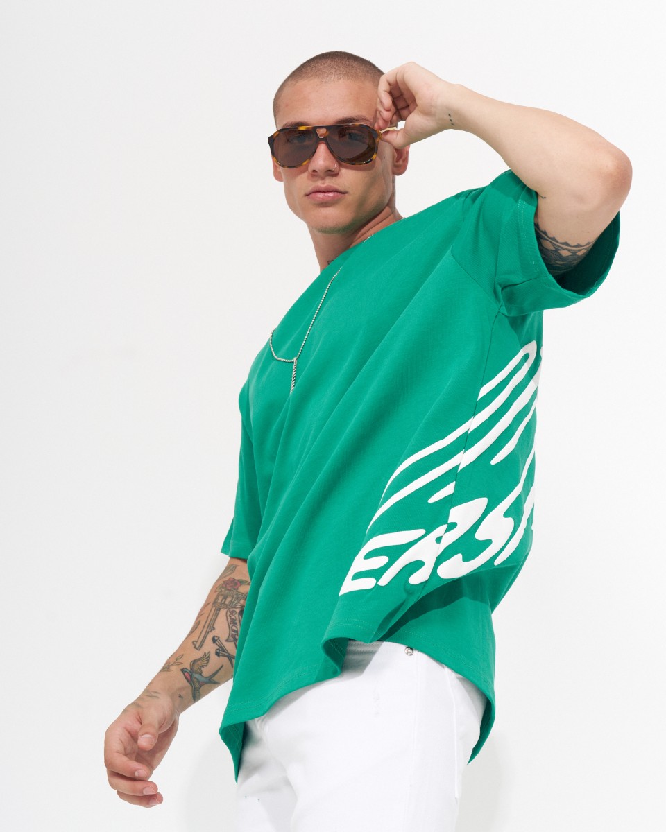 ‘’Perspective’’ Camiseta de Diseñador Estampada en Relieve Oversized para Hombres - Verde