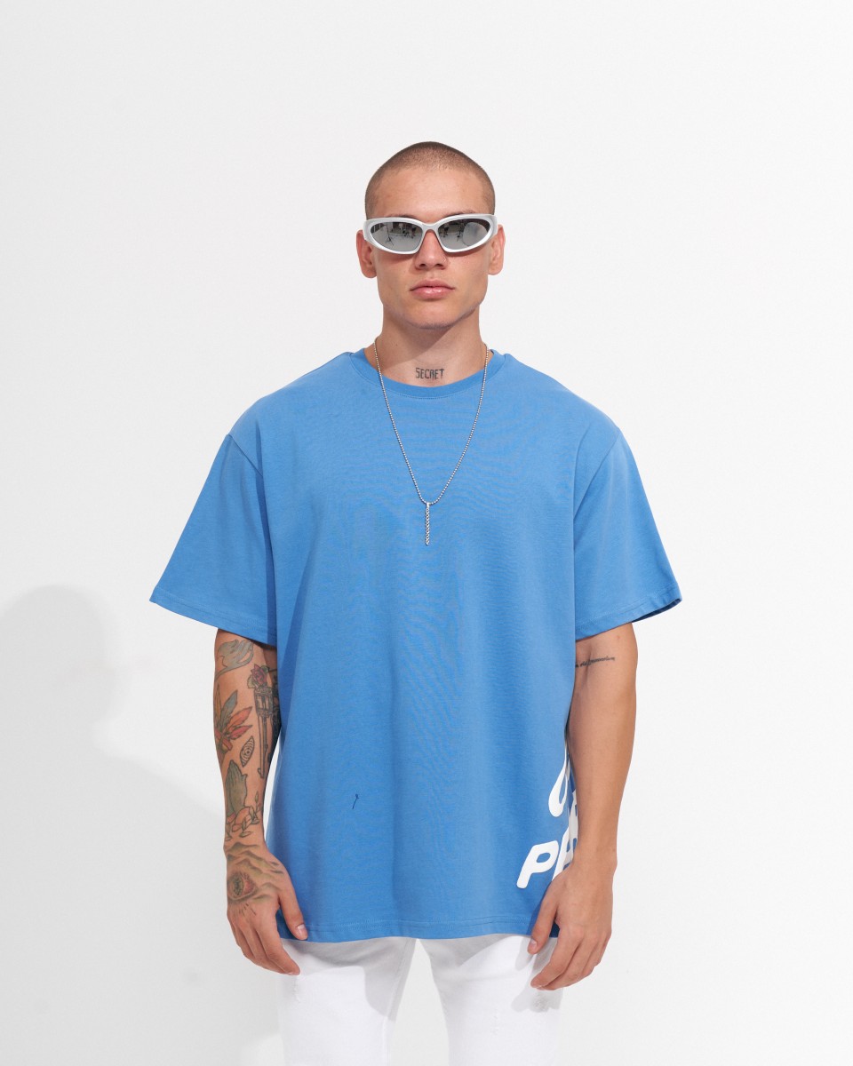 ‘’Perspective’’ Camiseta de Diseñador Estampada en Relieve Oversized para Hombres - Azul