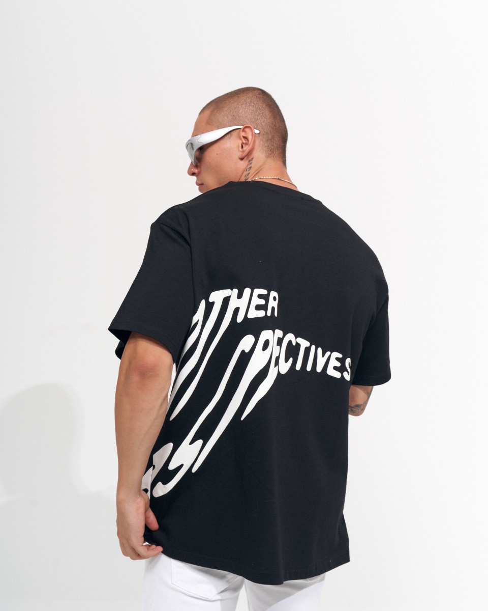‘’Perspective’’ Camiseta Homens Oversized Estampada em Alto Relevo - Preto