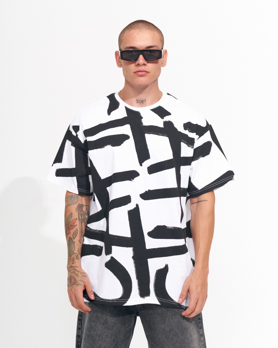 ‘’Strokes’’ T-Shirt Bianca Oversized da Uomo con Stampa Serigrafica - Bianco