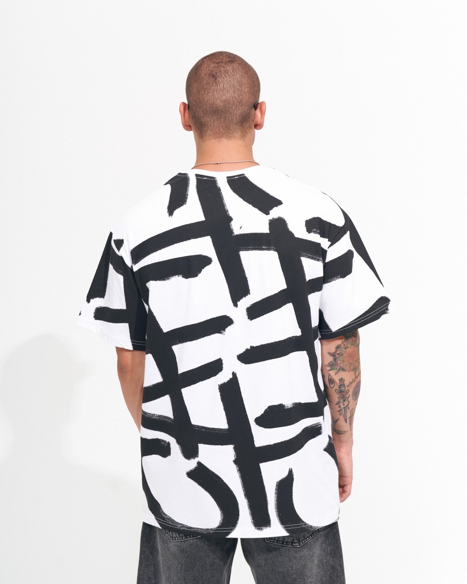 ‘’Strokes’’ Heren Oversized Zeefdruk Wit T-Shirt | Martin Valen