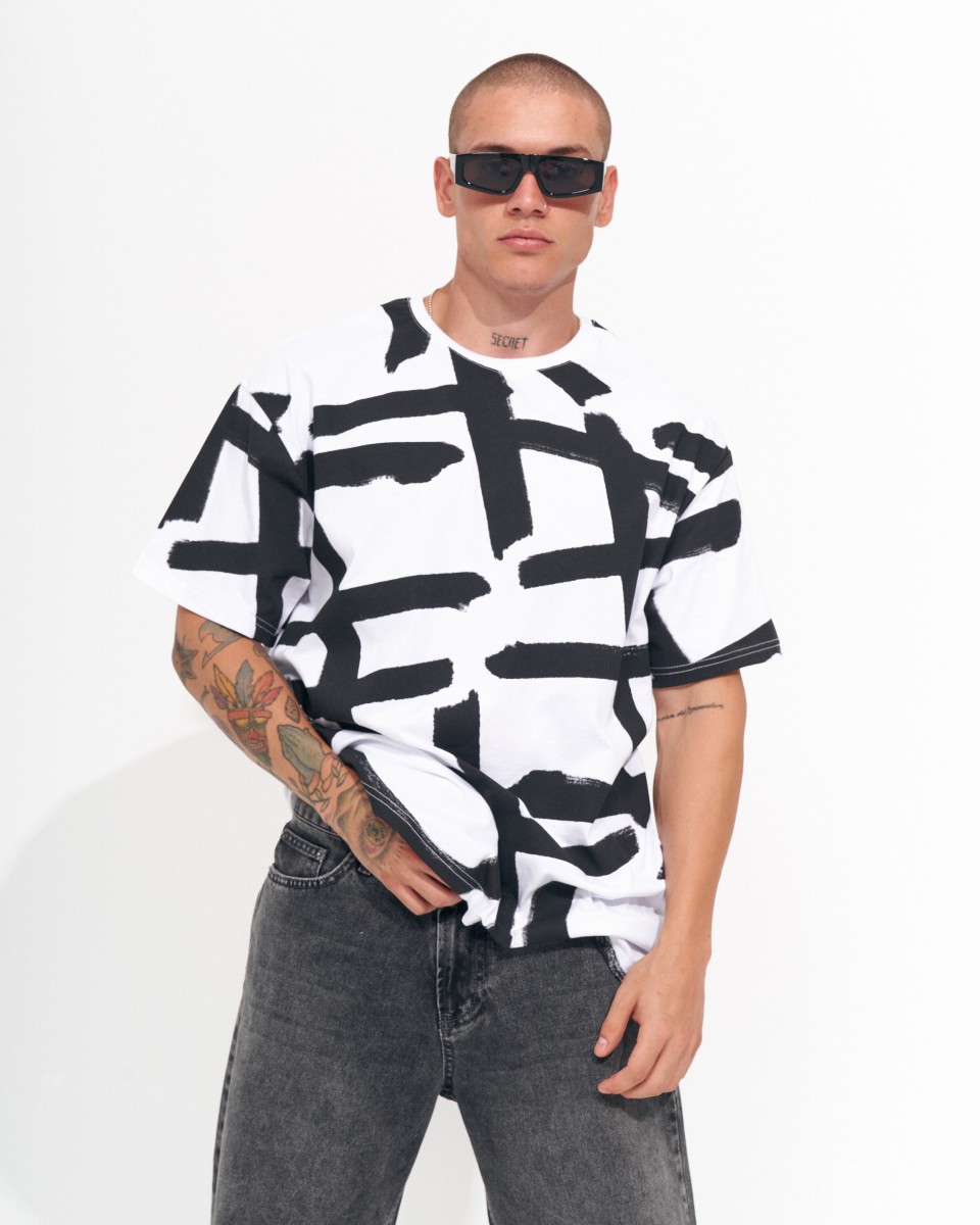 ‘’Strokes’’ T-Shirt Bianca Oversized da Uomo con Stampa Serigrafica | Martin Valen
