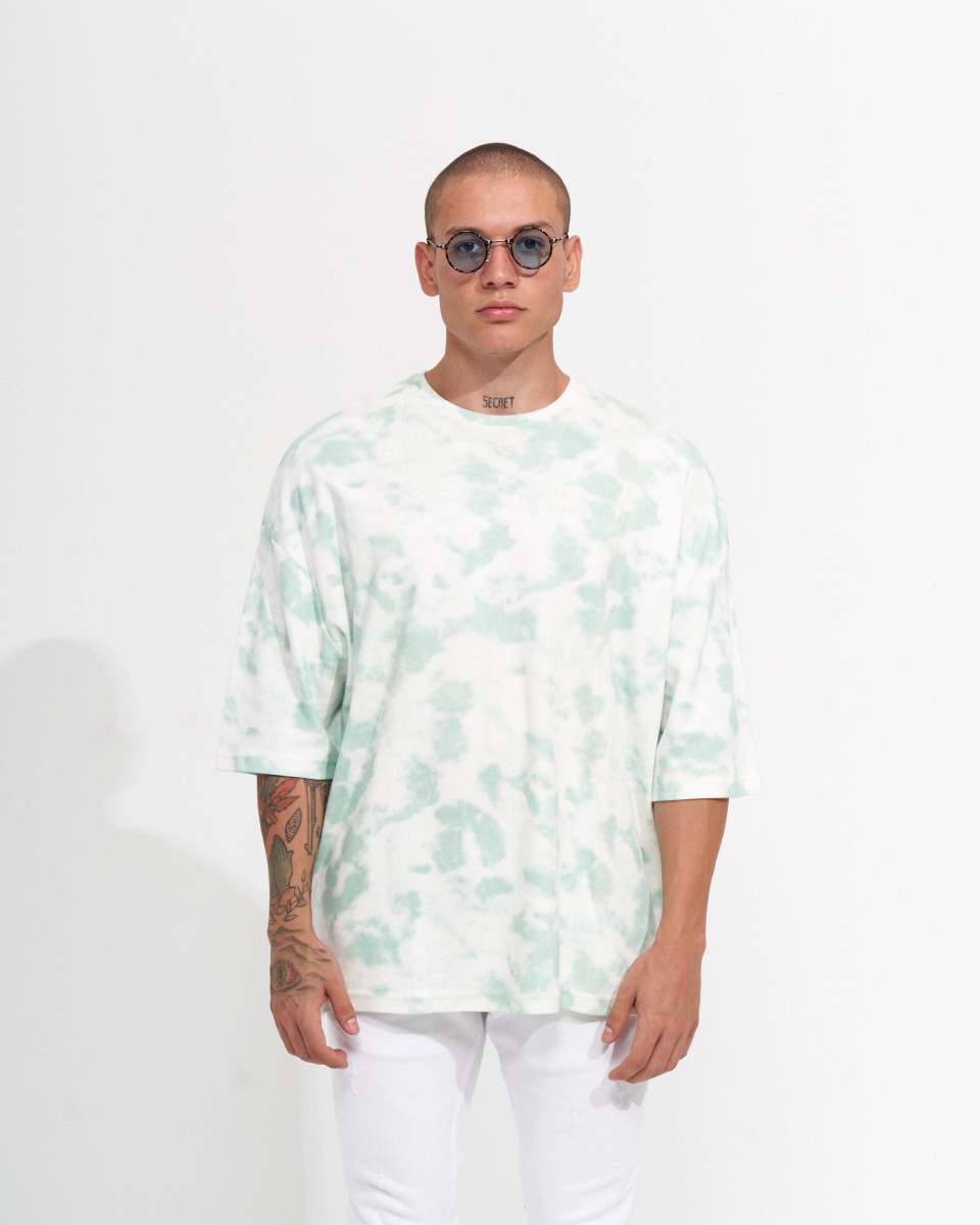 Herren Oversize T-Shirt Rundhals Tie Dye Grün & Weiß - Weiß